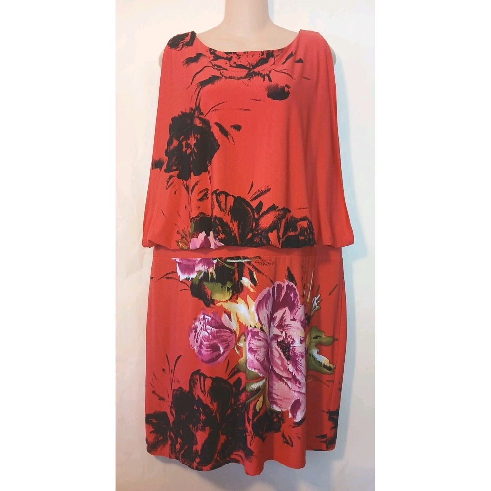Sandra Darren Red Pink Floral Print Dress Sleeveless Size 16 Back Cut Out D111